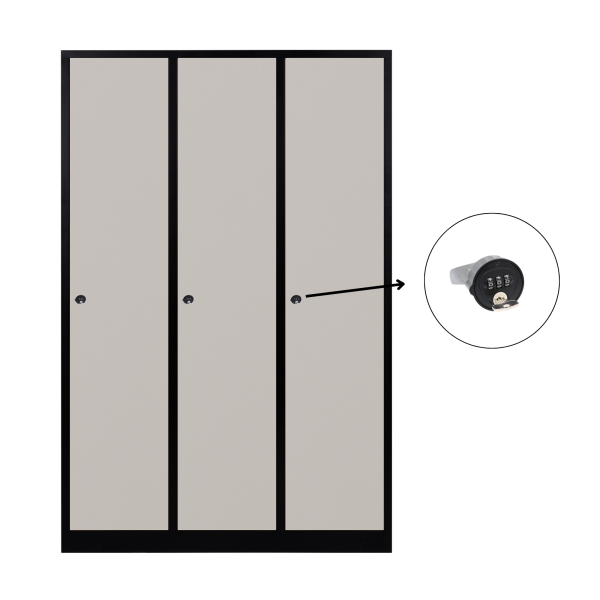 3-türiger, unterteilter spezieller Umkleideschrank, graues Dekor, Kombinationsschloss, RAL 9005 Schwarz, 118,5×50×180