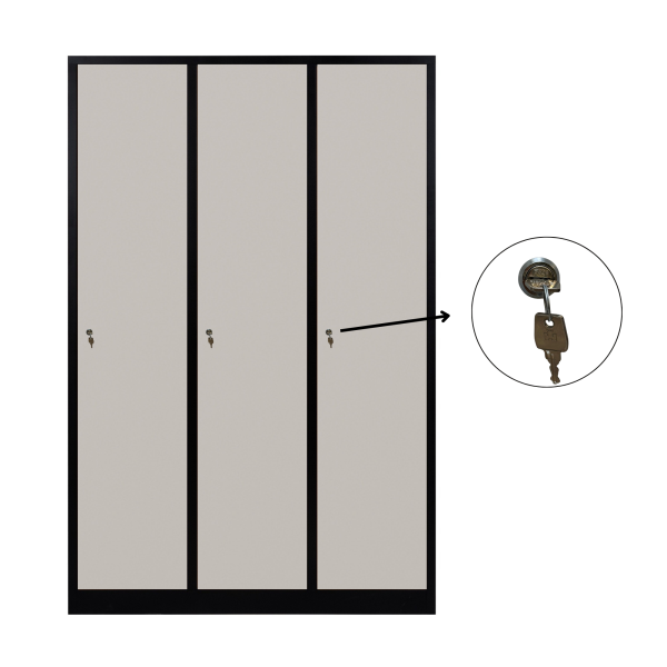 3-türiger, unterteilter spezieller Umkleideschrank, graues Dekor, Zylinderschloss, RAL 9005 Schwarz, 118,5×50×180