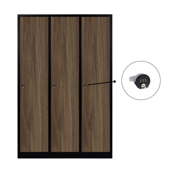 3-türiger, unterteilter spezieller Umkleideschrank, Heybe Dekor, Kombinationsschloss, RAL 9005 Schwarz, 118,5×50×180