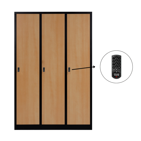 3-türiger, unterteilter spezieller Umkleideschrank, Buchenholz Dekor, elektronisches Schloss, RAL 9005 Schwarz, 118,5×50×180