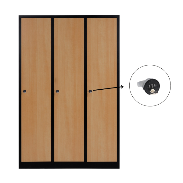 3-türiger, unterteilter spezieller Umkleideschrank, Buchenholz Dekor, Kombinationsschloss, RAL 9005 Schwarz, 118,5×50×180