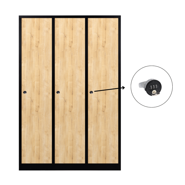 3-türiger, unterteilter spezieller Umkleideschrank, Saphir-Eiche Dekor, Kombinationsschloss, RAL 9005 Schwarz, 118,5×50×180