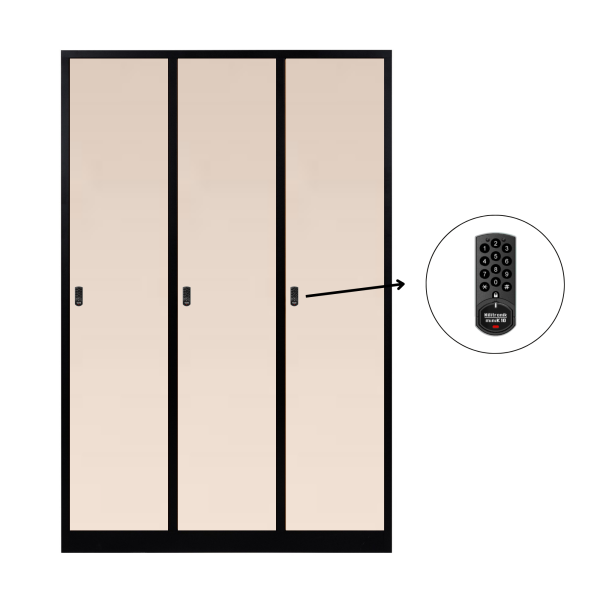 3-türiger, unterteilter spezieller Umkleideschrank, Sandstein Dekor, elektronisches Schloss, RAL 9005 Schwarz, 118,5×50×180
