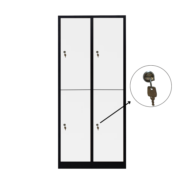 Halb 4-türiger spezieller Umkleideschrank, weißes Dekor, Zylinderschloss, RAL 9005 Schwarz, 80×50×180