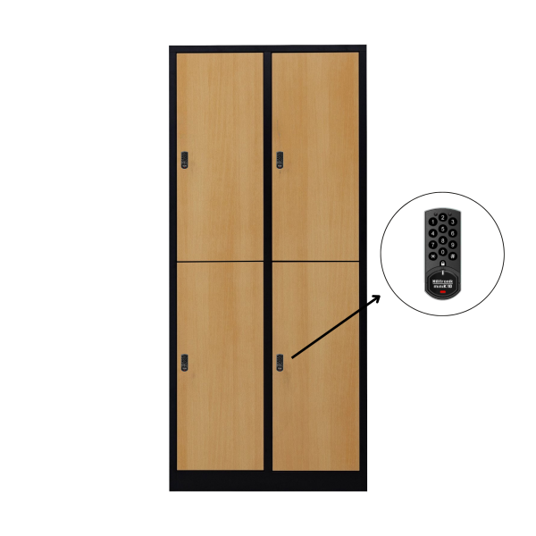 Halb 4-türiger spezieller Umkleideschrank, Buchenholz Dekor, elektronisches Schloss, RAL 9005 Schwarz, 80×50×180