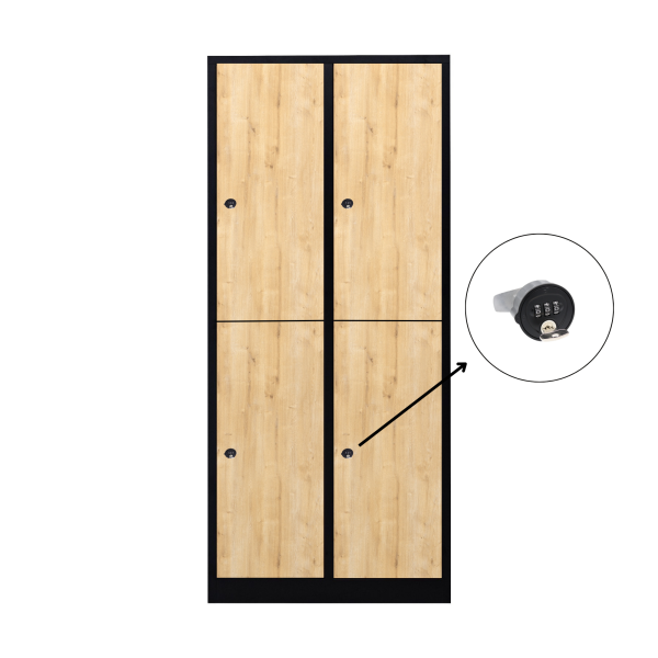 Halb 4-türiger spezieller Umkleideschrank, Saphir-Eiche Dekor, Kombinationsschloss, RAL 9005 Schwarz, 80×50×180