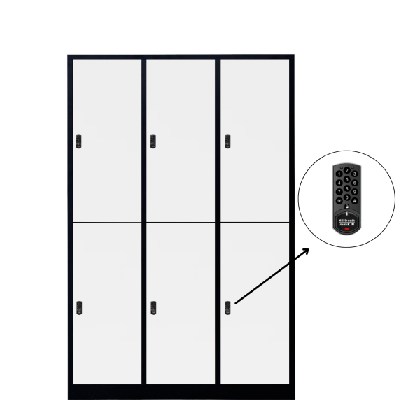 Halb 6-türiger spezieller Umkleideschrank, weißes Dekor, elektronisches Schloss, RAL 9005 Schwarz, 118,5×50×180