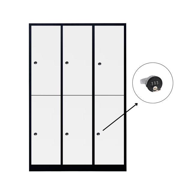 Halb 6-türiger spezieller Umkleideschrank, weißes Dekor, Kombinationsschloss, RAL 9005 Schwarz, 118,5×50×180