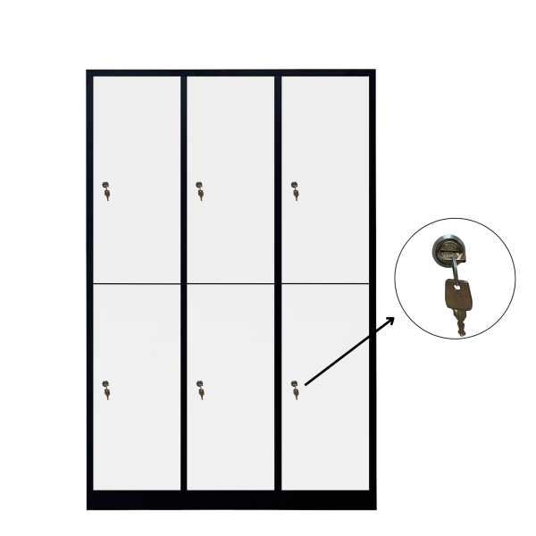 Halb 6-türiger spezieller Umkleideschrank, weißes Dekor, Zylinderschloss, RAL 9005 Schwarz, 118,5×50×180