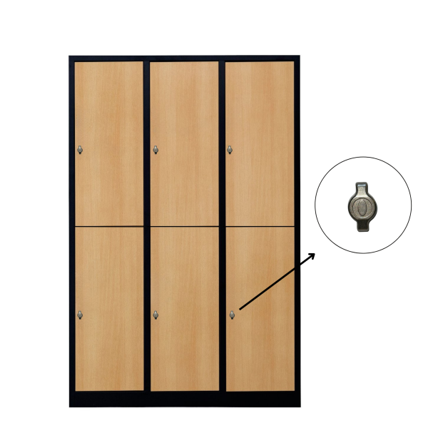 Halber 6-türiger spezieller Umkleideschrank, Buchenholz Dekor, Vorhängeschloss, RAL 9005 Schwarz, 118,5 × 50 × 180