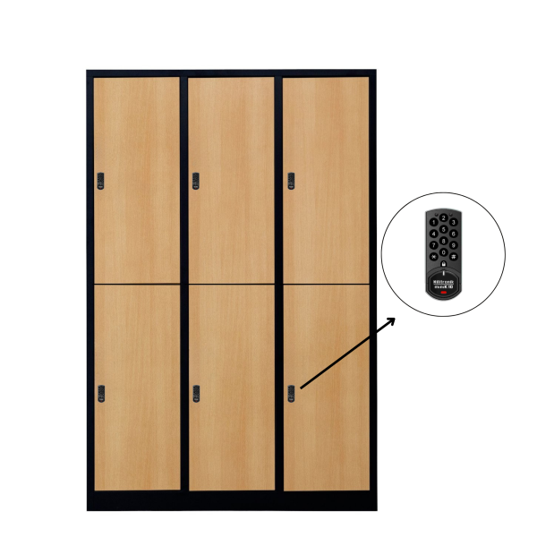 Halber 6-türiger spezieller Umkleideschrank, Buchenholz Dekor, elektronisches Schloss, RAL 9005 Schwarz, 118,5 × 50 × 180 cm