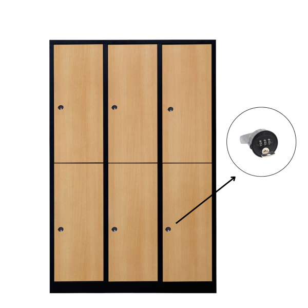 Halber 6-türiger spezieller Umkleideschrank, Buchenholz Dekor, Kombinationsschloss, RAL 9005 Schwarz, 118,5×50×180
