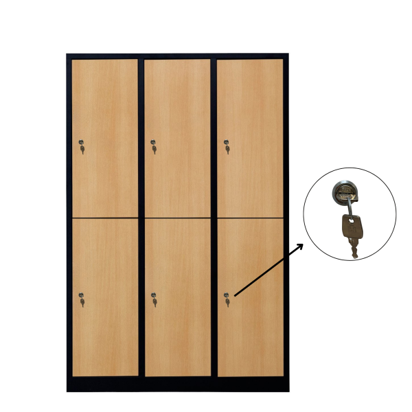 Halber 6-türiger spezieller Umkleideschrank, Buchenholz Dekor, Zylinderschloss, RAL 9005 Schwarz, 118,5×50×180