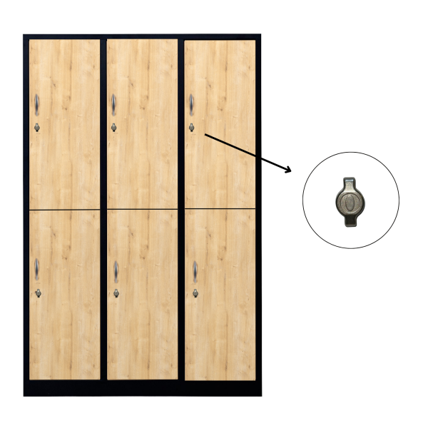 Halber 6-türiger spezieller Umkleideschrank, Saphir-Eiche Dekor, Vorhängeschloss, RAL 9005 Schwarz, 118,5×50×180