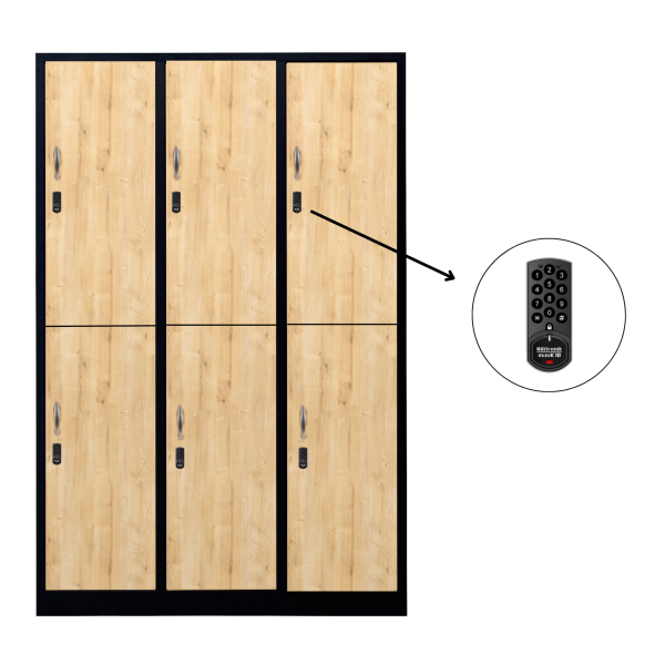 Halber 6-türiger spezieller Umkleideschrank, Saphir-Eiche Dekor, elektronisches Schloss, RAL 9005 Schwarz, 118,5×50×180