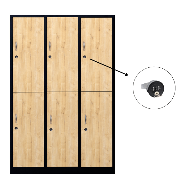 Halber 6-türiger spezieller Umkleideschrank, Saphir-Eiche Dekor, Kombinationsschloss, RAL 9005 Schwarz, 118,5×50×180