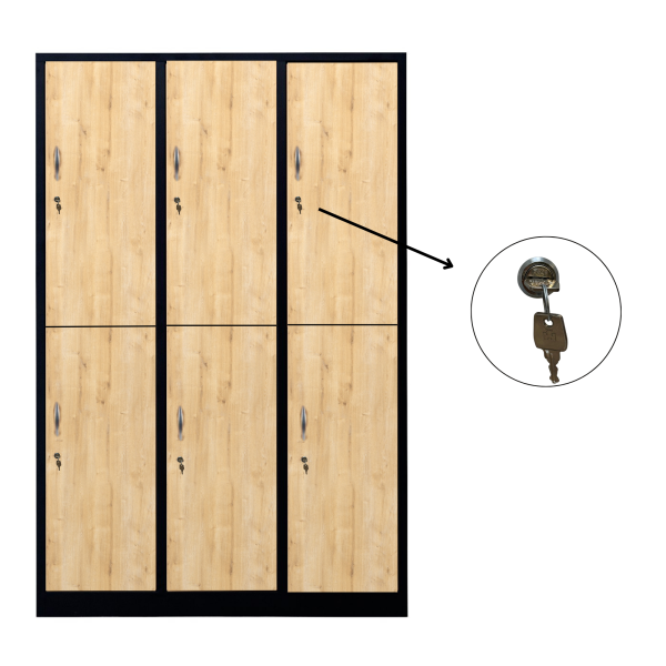 Halber 6-türiger spezieller Umkleideschrank, Saphir-Eiche Dekor, Zylinderschloss, RAL 9005 Schwarz, 118,5×50×180