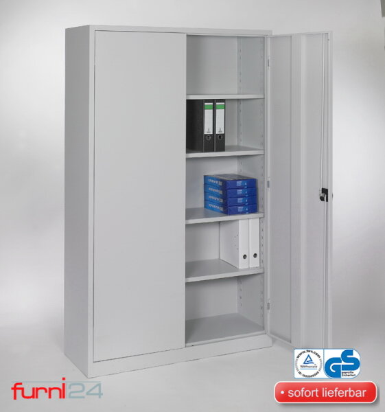 Furni24 Aktenschrank, fertig montiert, 195x120x42cm, Stahlflügeltürschrank Materialschrank, Abschließbarer Spind, Aktenschrank mit 5 Fächern, Werkzeugschrank, Mehrzweckschrank, Universalschrank, grau
