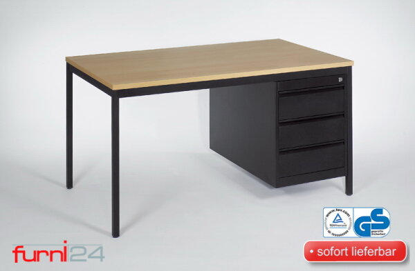 Schreibtisch, Arbeitstisch,Tisch inkl. Unterbaucontainer 3 Schübe 160 cmx80 cmx75 cm schwarz/Buche