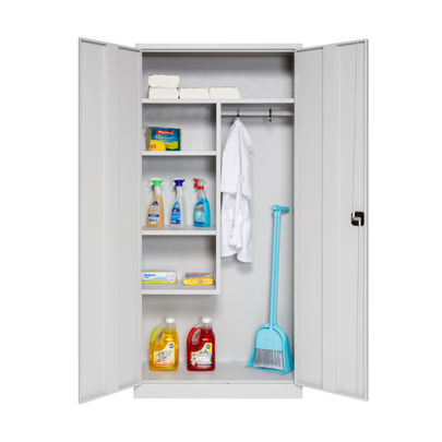 Furni24 Metall Putzmittelschrank 92x195x42cm TÜV/GS-Wäscheschrank aus Stahl mit Türen, Zweipunktverriegelung incl. 2 Schlüsseln, Kleiderspind Stahl Lagerschrank, Werkzeugschrank, fertig montiert-Grau