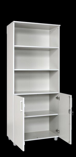 Furni24 Aktenschrank mit Zylinderschloss–Oben offen, 3 verstellbare Regalfächer, unten 2 verstellbare Regalfächer mit Doppeltür und Ganzmetallscharniere, abschließbarer Holzschrank-Grau, 190x80x40cm