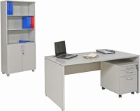 Schreibtisch Set 1 Nuvi, grau Dekor, Bestehend aus: Schreibtisch 160 cm, Rollcontainer 3 Schübe & Aktenschrank190 cm hoch
