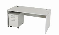 Furni24 Schreibtisch Nuvi (Grau, Kabelkanal 160x80x75 cm) fürs Arbeitszimmer und Home Office - Großer laminierter Computertisch aus Holz, 2 Kabeldurchlässe und mit verstellbarem Metall Kabelkanal, Bodengleiter, 2-Personen-Arbeitsplatz