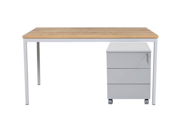 Schreibtisch 160x80x75 cm Saphir Eiche/grau inkl. Stahl Rollcontainer 3 Schübe silberfarben